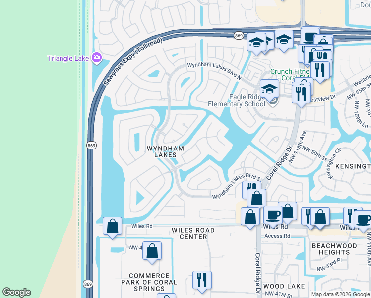 map of restaurants, bars, coffee shops, grocery stores, and more near 12049 Northwest 50th Drive in Coral Springs