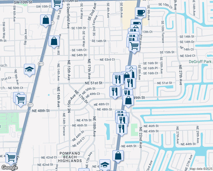 map of restaurants, bars, coffee shops, grocery stores, and more near 1846 Northeast 51st Street in Pompano Beach