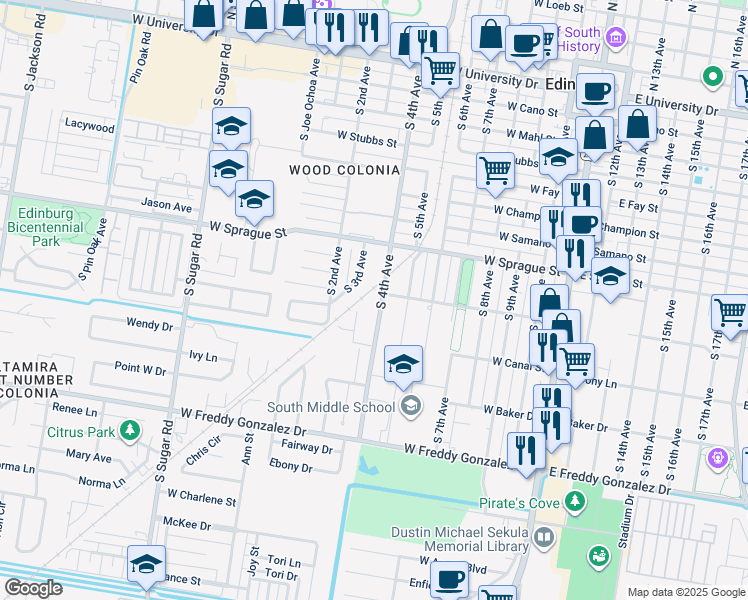 map of restaurants, bars, coffee shops, grocery stores, and more near 1007 South 4th Avenue in Edinburg