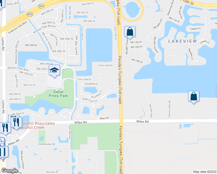 map of restaurants, bars, coffee shops, grocery stores, and more near 5110 Stage Coach Drive in Coconut Creek