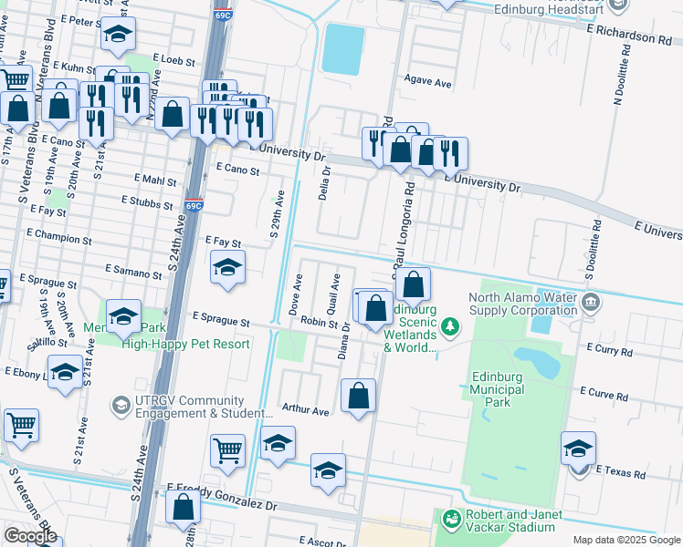 map of restaurants, bars, coffee shops, grocery stores, and more near 416 Quail Avenue in Edinburg