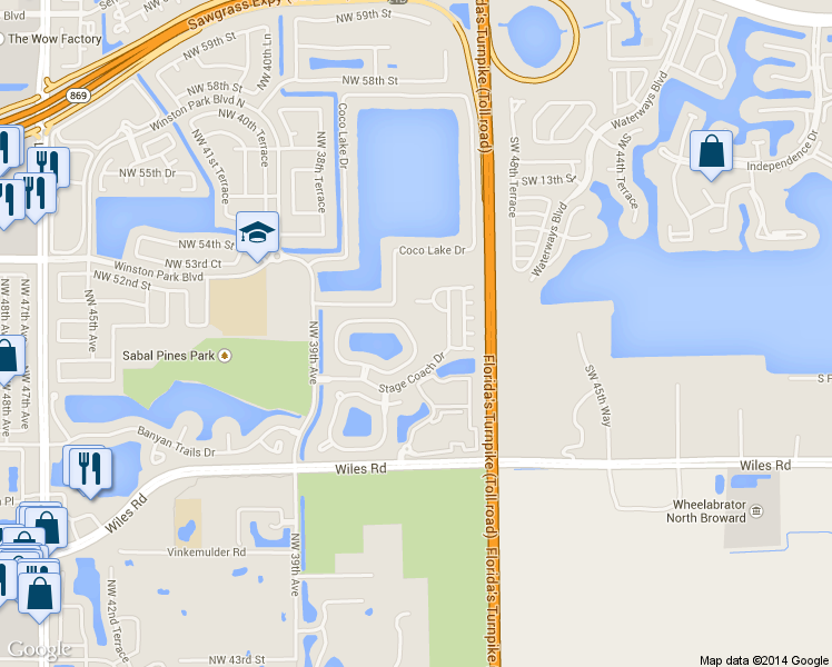 map of restaurants, bars, coffee shops, grocery stores, and more near 3723 Woodfield Dr in Coconut Creek