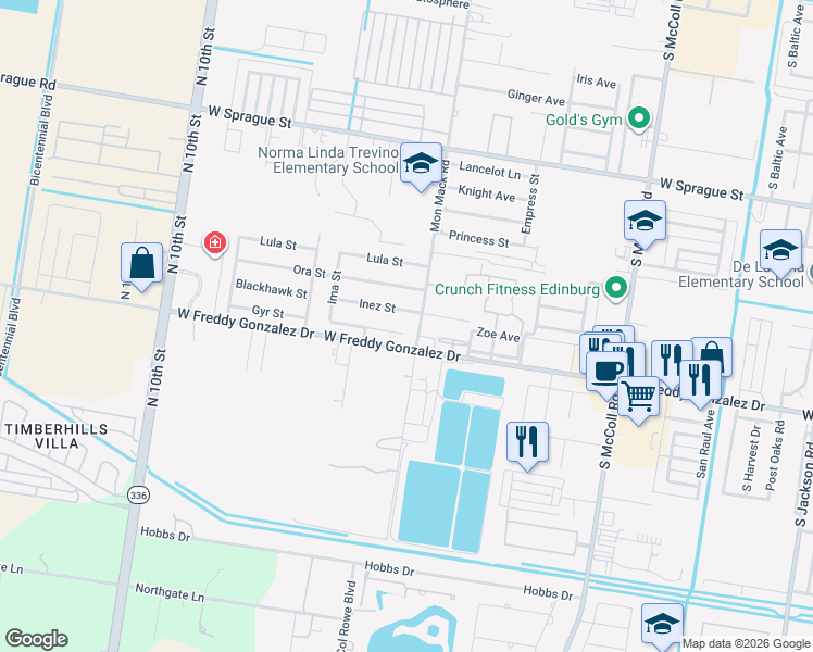 map of restaurants, bars, coffee shops, grocery stores, and more near 3611 Ida Street in Edinburg