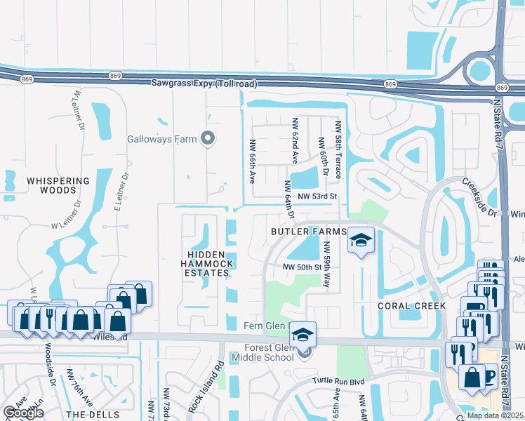 map of restaurants, bars, coffee shops, grocery stores, and more near 6651 Northwest 52nd Street in Coral Springs