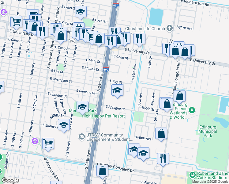 map of restaurants, bars, coffee shops, grocery stores, and more near 521 South 27th Avenue in Edinburg