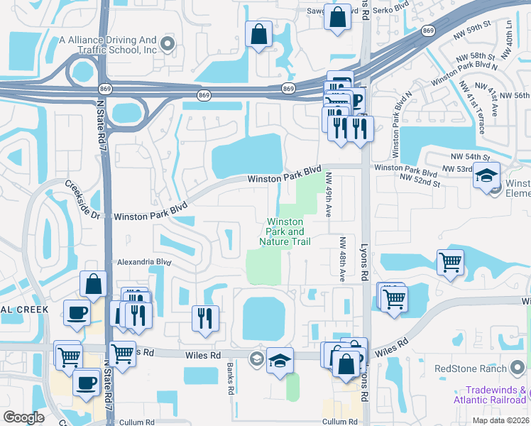 map of restaurants, bars, coffee shops, grocery stores, and more near 5132 Northwest 51st Terrace in Coconut Creek
