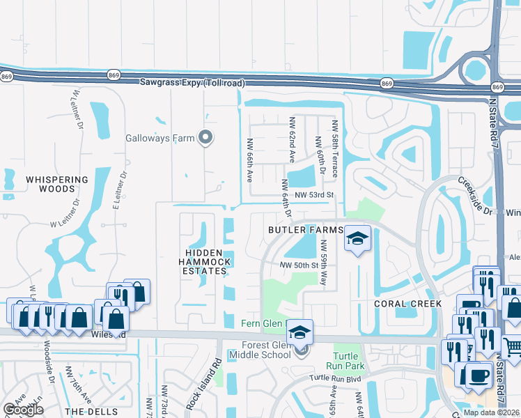 map of restaurants, bars, coffee shops, grocery stores, and more near 6651 Northwest 52nd Street in Coral Springs