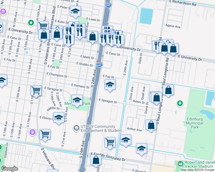 map of restaurants, bars, coffee shops, grocery stores, and more near 521 South 27th Avenue in Edinburg