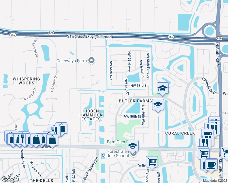 map of restaurants, bars, coffee shops, grocery stores, and more near 6651 Northwest 52nd Street in Coral Springs