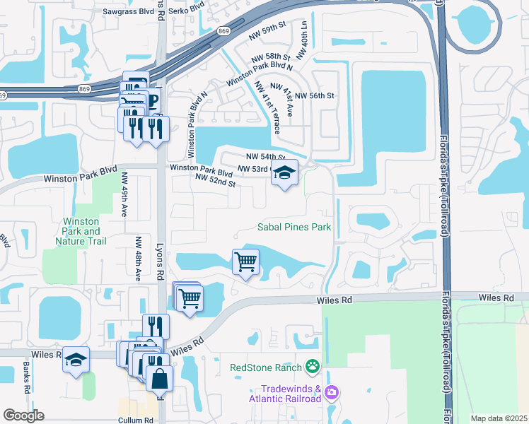 map of restaurants, bars, coffee shops, grocery stores, and more near 4234 Northwest 51st Street in Coconut Creek