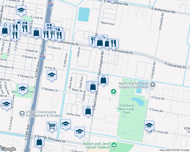 map of restaurants, bars, coffee shops, grocery stores, and more near 511A South Raul Longoria Road in Edinburg