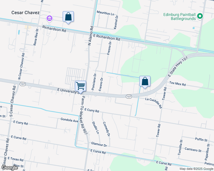 map of restaurants, bars, coffee shops, grocery stores, and more near 109 Benchmark Drive in Edinburg
