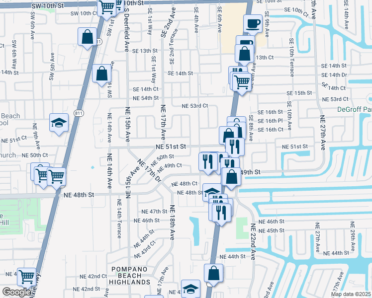 map of restaurants, bars, coffee shops, grocery stores, and more near 1846 Northeast 51st Street in Pompano Beach