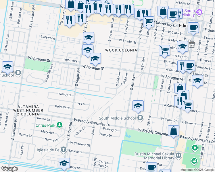 map of restaurants, bars, coffee shops, grocery stores, and more near 1101 El Recreo Circle in Edinburg
