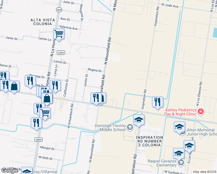 map of restaurants, bars, coffee shops, grocery stores, and more near 6470 North Moorfield Road in Mission