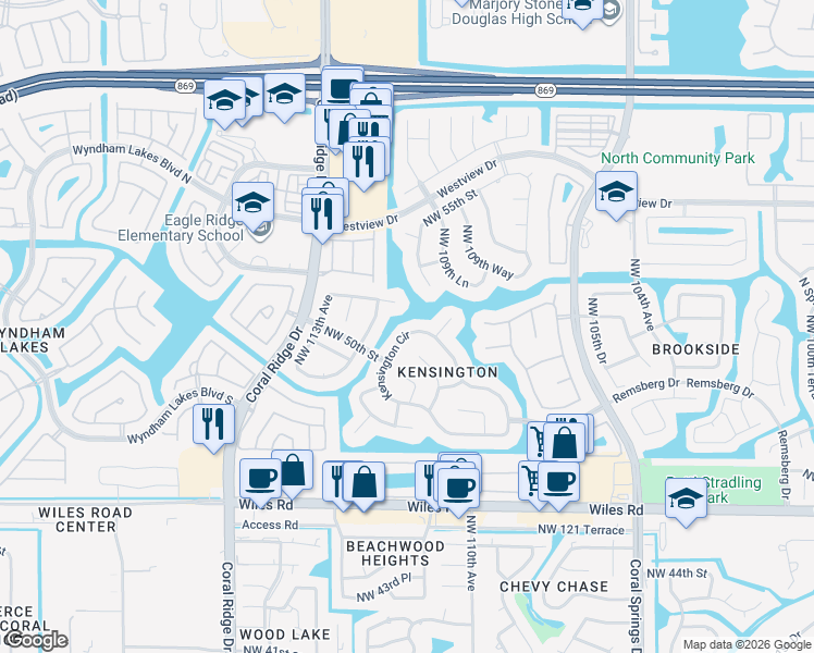 map of restaurants, bars, coffee shops, grocery stores, and more near 5055 Kensington Circle in Coral Springs