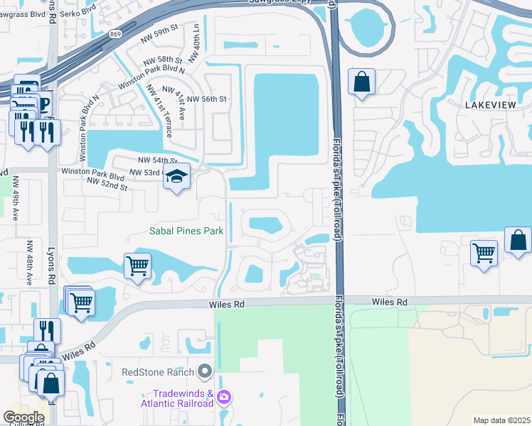 map of restaurants, bars, coffee shops, grocery stores, and more near 3794 Woodfield Drive in Coconut Creek