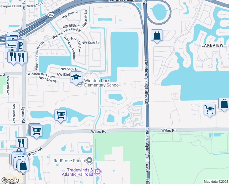map of restaurants, bars, coffee shops, grocery stores, and more near 3800 Woodfield Drive in Coconut Creek