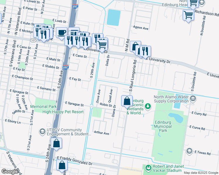 map of restaurants, bars, coffee shops, grocery stores, and more near 416 Quail Avenue in Edinburg