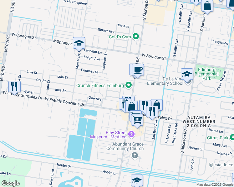 map of restaurants, bars, coffee shops, grocery stores, and more near 3205 Brightwood Avenue in Edinburg