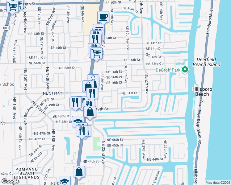 map of restaurants, bars, coffee shops, grocery stores, and more near 5051 Northeast 24th Avenue in Lighthouse Point