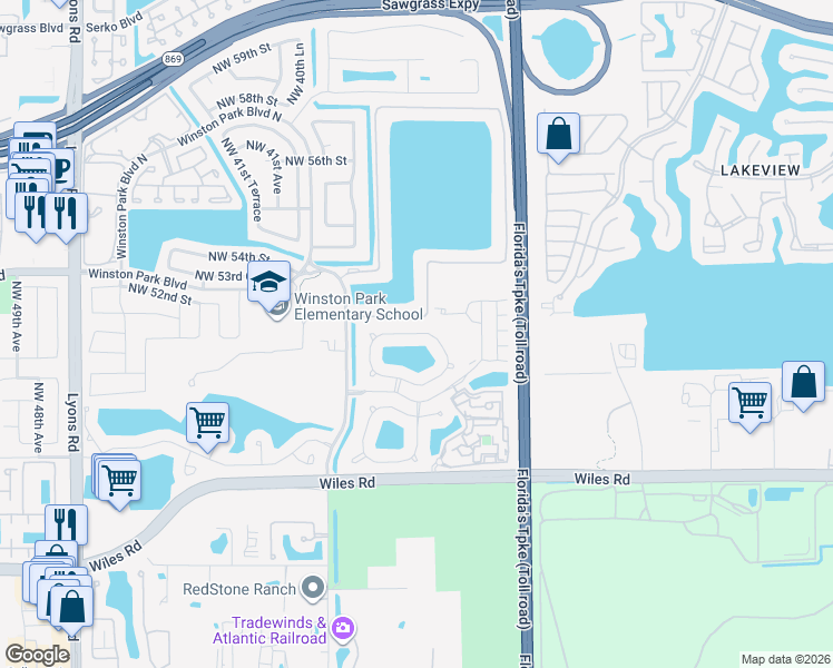 map of restaurants, bars, coffee shops, grocery stores, and more near 3794 Woodfield Drive in Coconut Creek