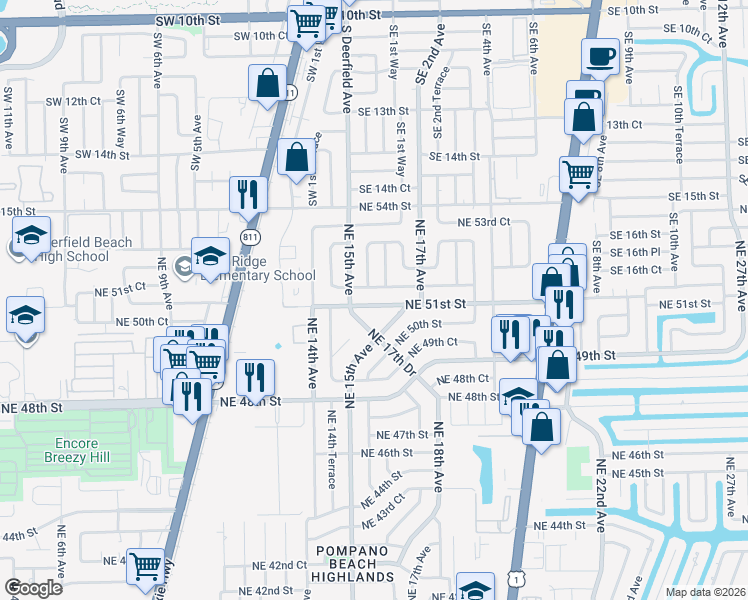 map of restaurants, bars, coffee shops, grocery stores, and more near 1515 Northeast 51st Street in Pompano Beach