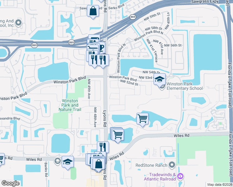 map of restaurants, bars, coffee shops, grocery stores, and more near 4545 Northwest 50th Court in Coconut Creek