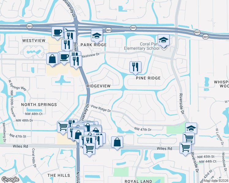 map of restaurants, bars, coffee shops, grocery stores, and more near 5220 Northwest 89th Way in Coral Springs