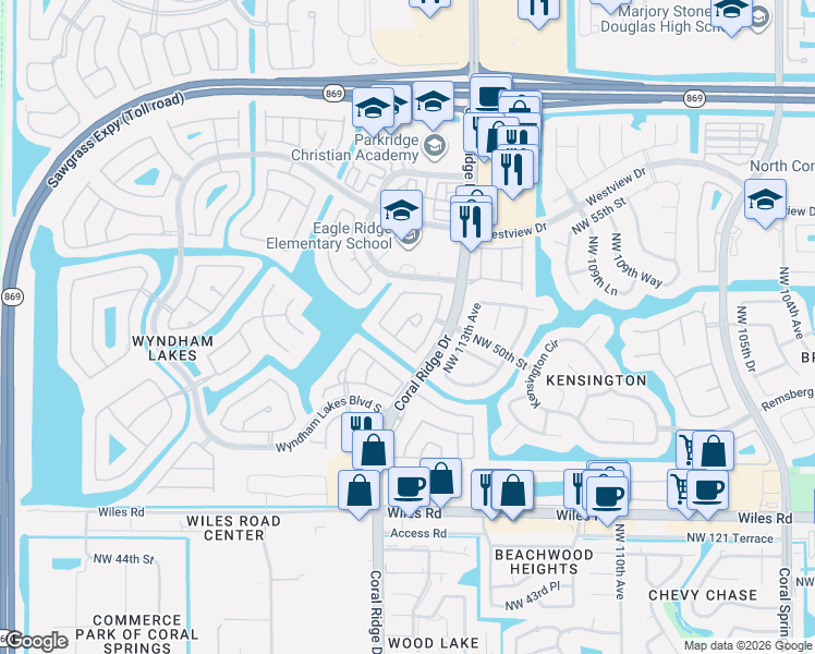 map of restaurants, bars, coffee shops, grocery stores, and more near 11525 Northwest 49th Court in Tamarac