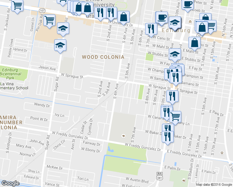 map of restaurants, bars, coffee shops, grocery stores, and more near 1007 South 4th Avenue in Edinburg