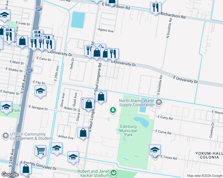 map of restaurants, bars, coffee shops, grocery stores, and more near 491 San Jose Street in Edinburg