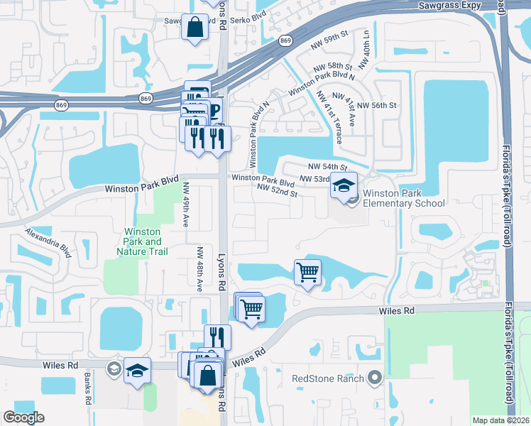 map of restaurants, bars, coffee shops, grocery stores, and more near 5051 Northwest 44th Avenue in Coconut Creek