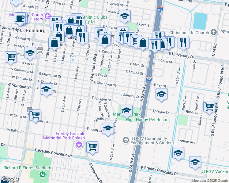 map of restaurants, bars, coffee shops, grocery stores, and more near 1101 East Samano Street in Edinburg