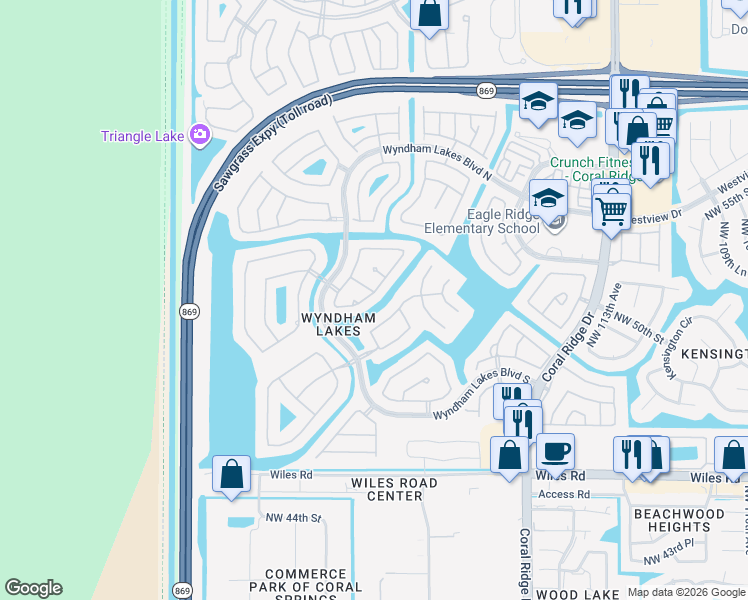 map of restaurants, bars, coffee shops, grocery stores, and more near 12049 Northwest 50th Drive in Coral Springs