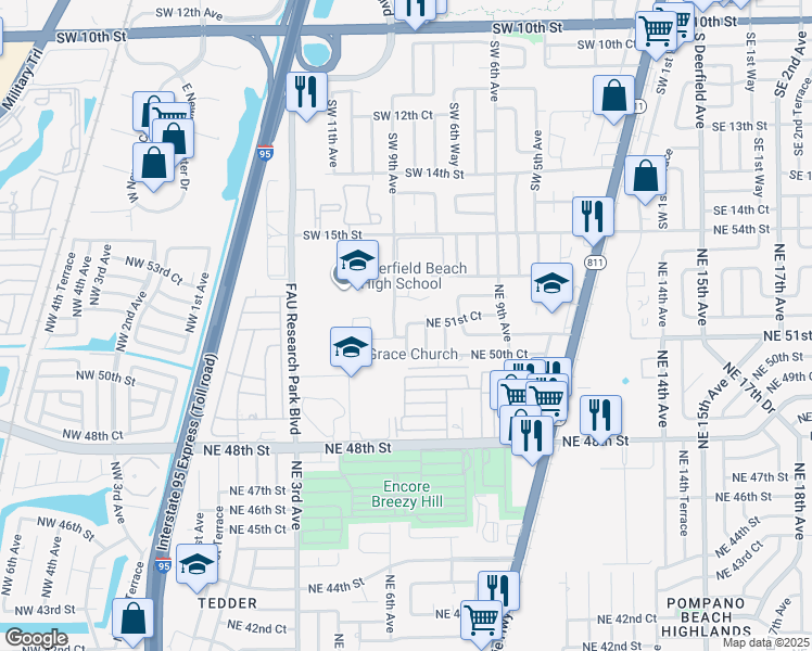 map of restaurants, bars, coffee shops, grocery stores, and more near 5040 Northeast 6th Avenue in Pompano Beach