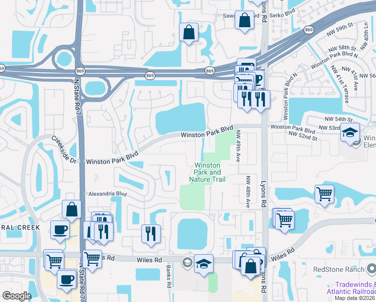 map of restaurants, bars, coffee shops, grocery stores, and more near 5132 Northwest 51st Terrace in Coconut Creek