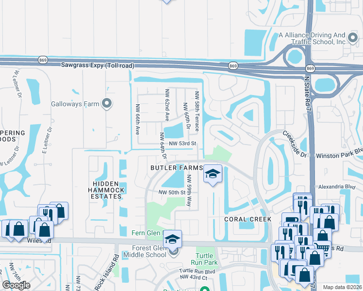 map of restaurants, bars, coffee shops, grocery stores, and more near 6301 Northwest 52nd Street in Coral Springs