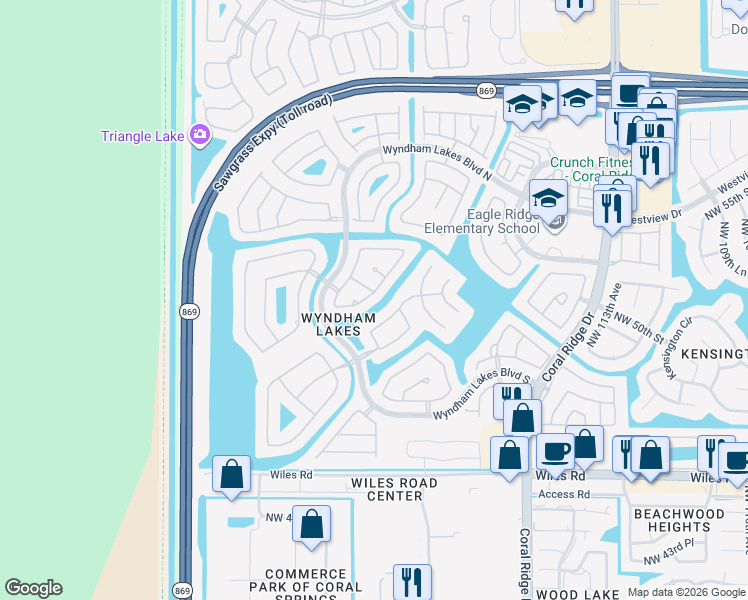 map of restaurants, bars, coffee shops, grocery stores, and more near 12049 Northwest 50th Drive in Coral Springs