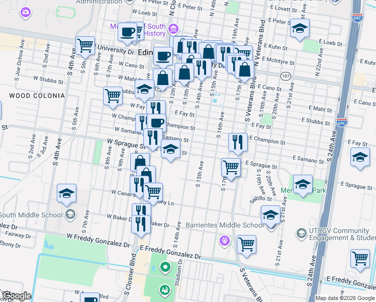 map of restaurants, bars, coffee shops, grocery stores, and more near 521 East Sprague Street in Edinburg