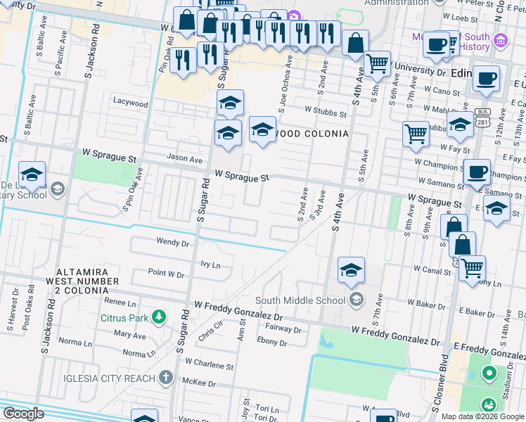 map of restaurants, bars, coffee shops, grocery stores, and more near 908 South Hidden Forest Drive in Edinburg