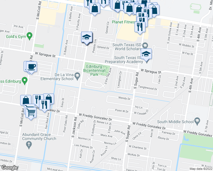 map of restaurants, bars, coffee shops, grocery stores, and more near 1816 Pin Oak Road in Edinburg