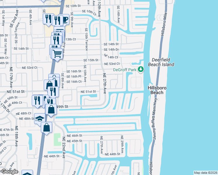 map of restaurants, bars, coffee shops, grocery stores, and more near 5130 Northeast 27th Avenue in Lighthouse Point