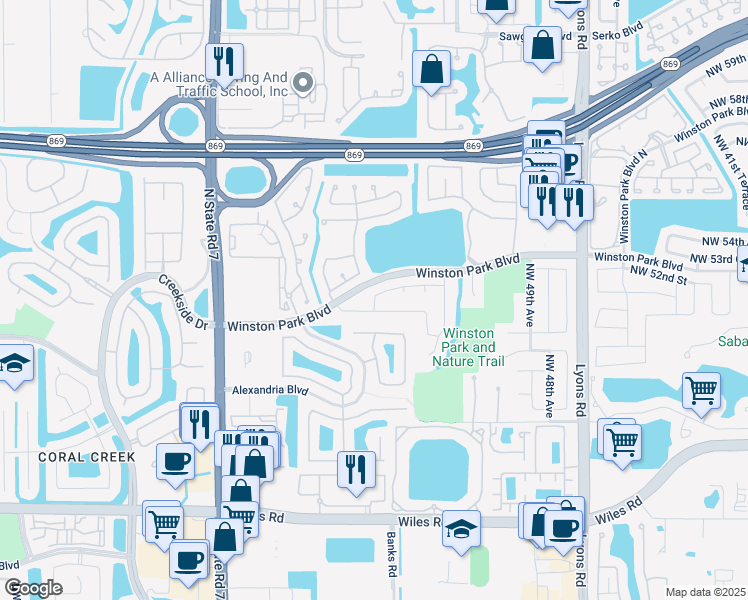 map of restaurants, bars, coffee shops, grocery stores, and more near 5310 Northwest 52nd Street in Coconut Creek