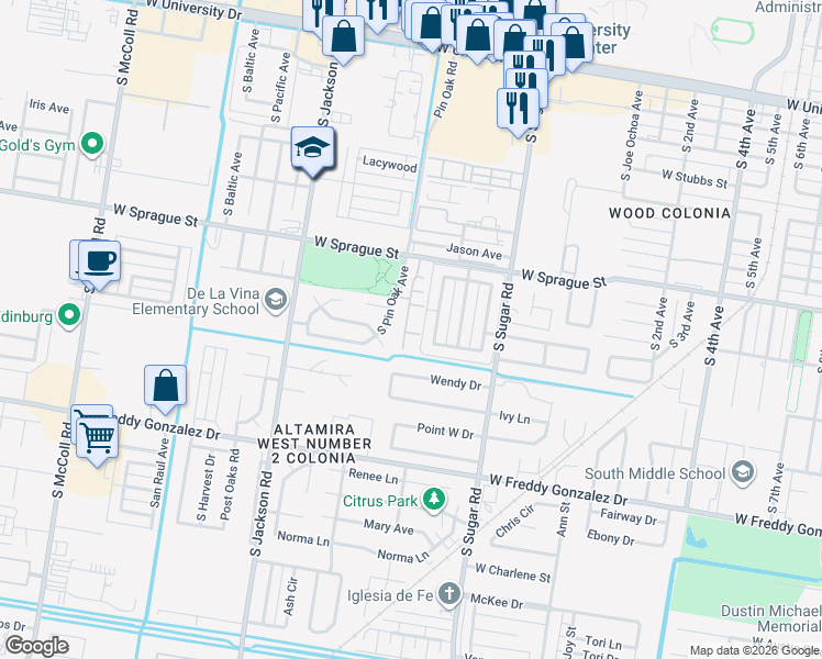 map of restaurants, bars, coffee shops, grocery stores, and more near 1712 Pin Oak Road in Edinburg