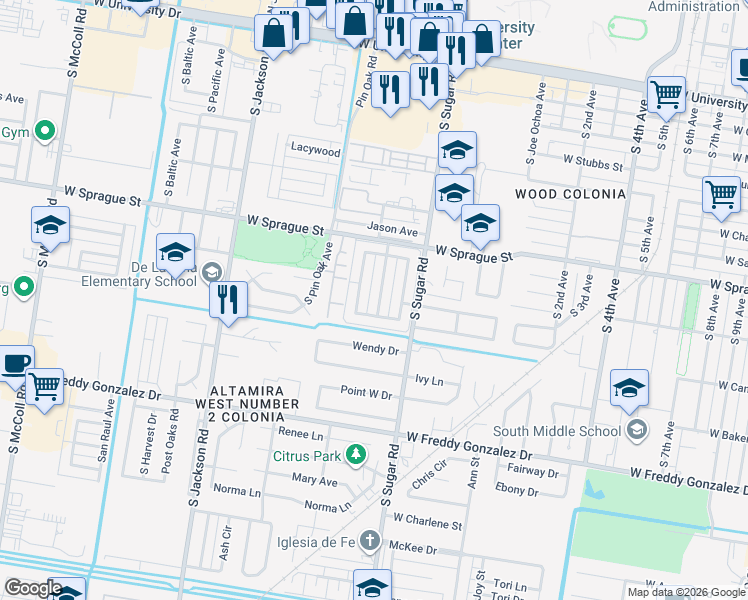 map of restaurants, bars, coffee shops, grocery stores, and more near 1007 Lexington Circle in Edinburg