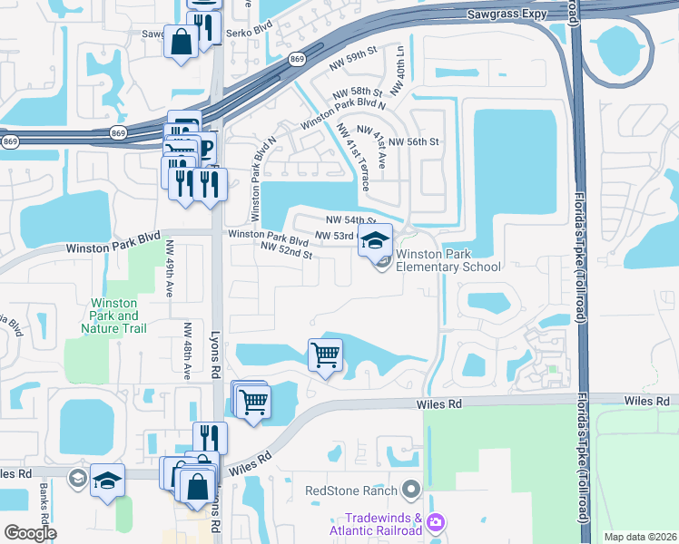 map of restaurants, bars, coffee shops, grocery stores, and more near 5134 Northwest 42nd Terrace in Coconut Creek