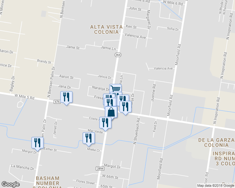 map of restaurants, bars, coffee shops, grocery stores, and more near 2801 Naranja Drive in Mission