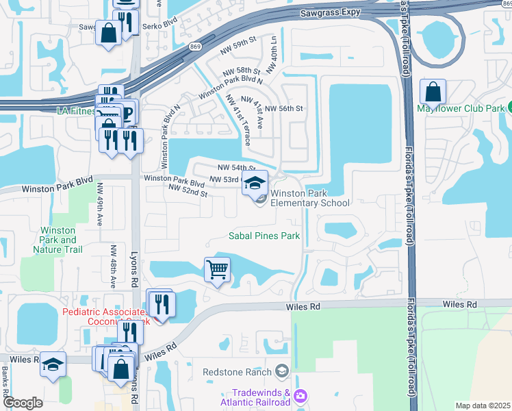 map of restaurants, bars, coffee shops, grocery stores, and more near 4000 Winston Park Boulevard in Coconut Creek