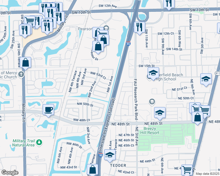 map of restaurants, bars, coffee shops, grocery stores, and more near 123 Northwest 53rd Street in Pompano Beach